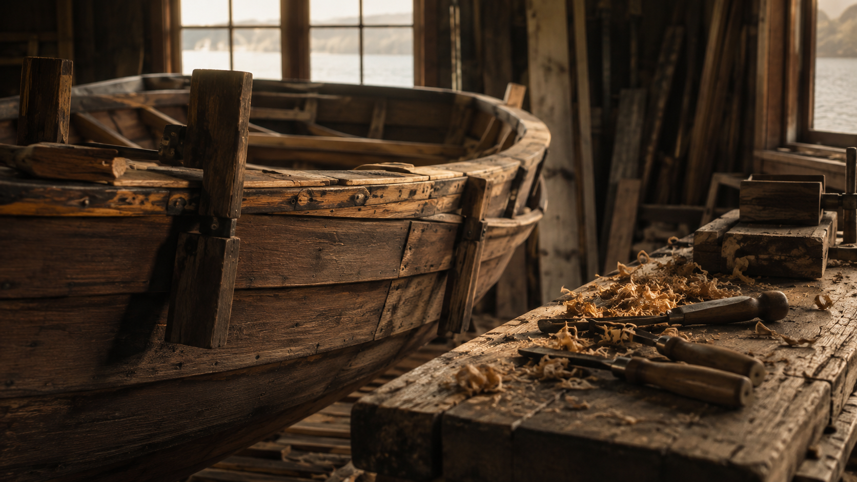 Holzboot in einer Werkstatt