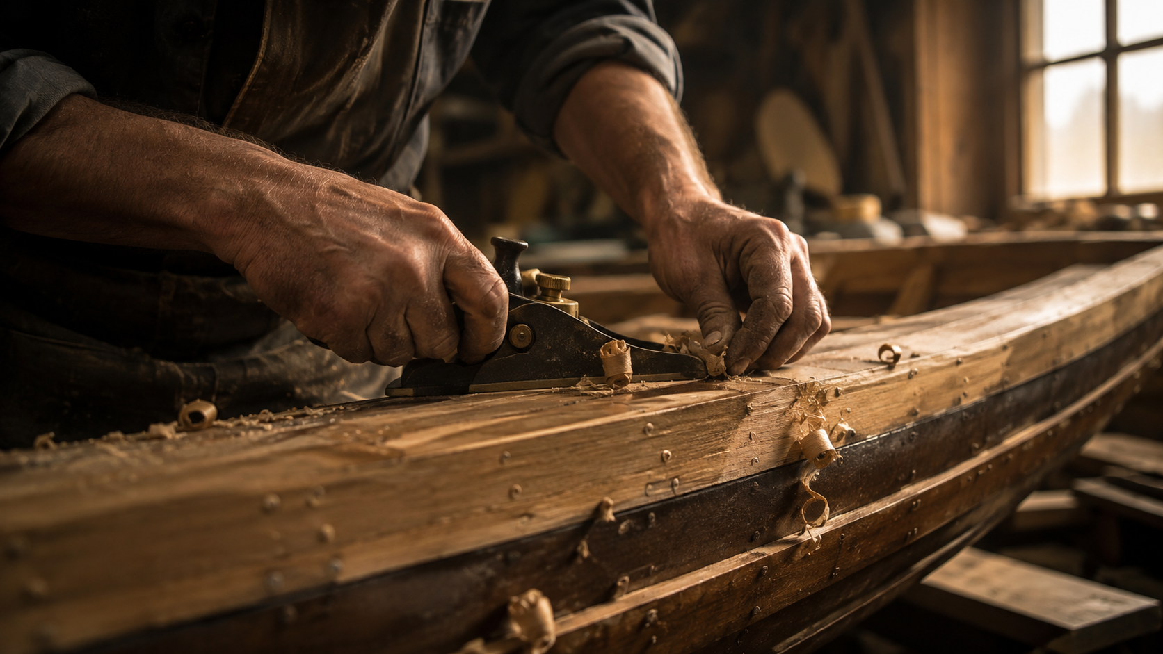 Handarbeit an einem Holzboot